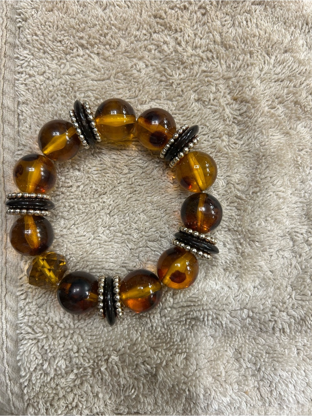 Amber Glass Bead Stretch Bracelet with Silver Accents